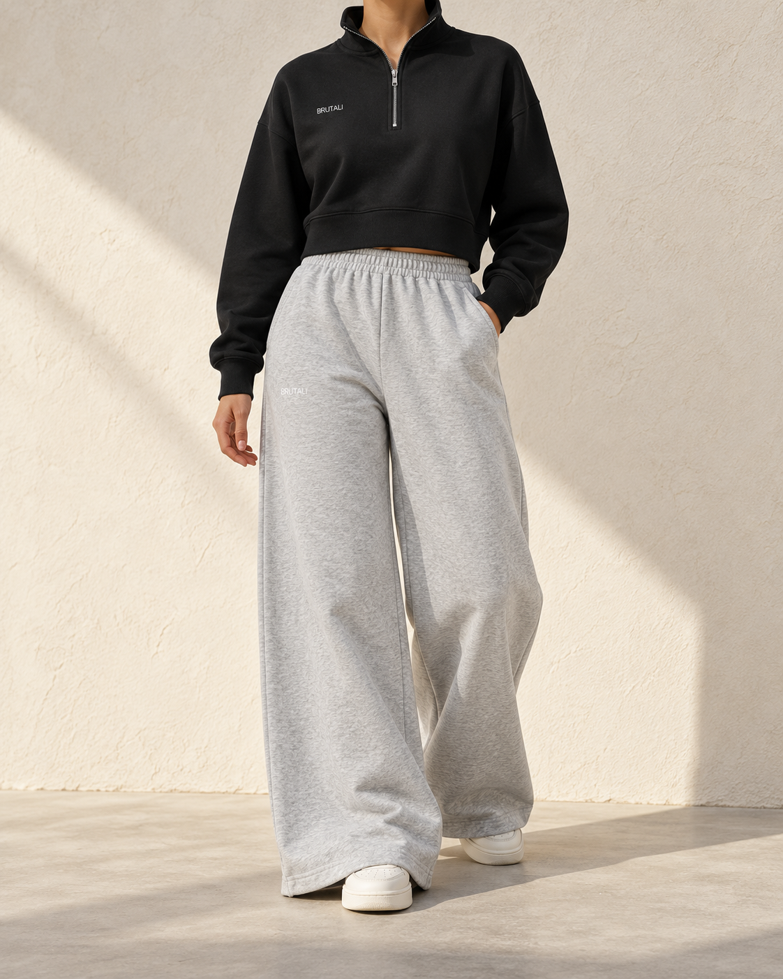 BRUTALI black cropped quarter-zip sweatshirt with grey wide-leg sweatpants
